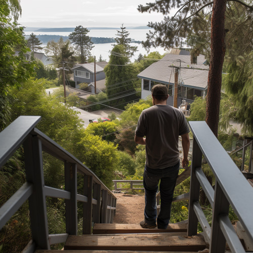 Man walking down timber deck with handrail